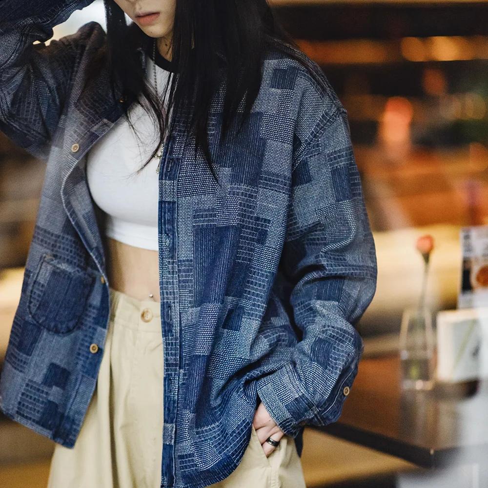 Maden-Veste en jean rétro américaine pour femme, style Boro, chemises à manches longues, printemps e