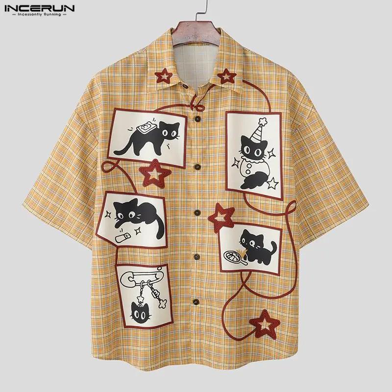 Chemise Homme INCERUN à Carreaux et Patchwork, Col Revers, Manches Courtes, Style Coréen Ample, Nouv