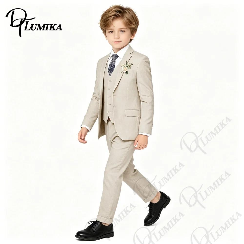 Costume en lin beige pour garçons, 4 pièces, avec cravate florale, ensemble formel pour enfants, mar
