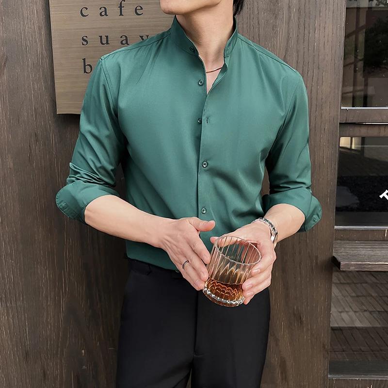 Chemise à col montant pour hommes, nouveau Style chinois, haut de gamme, manches longues, élastique,