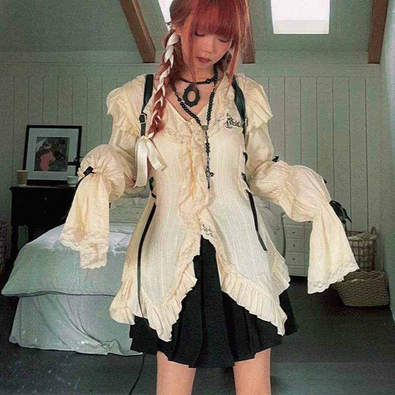 Chemise en dentelle esthétique, chemisiers irréguliers gothiques grunge, chemise bandage Harajuku, v
