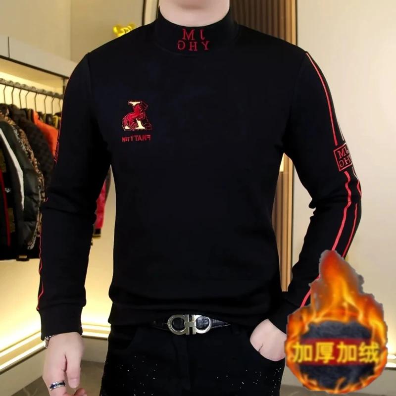 T-shirt à manches longues et col Semi-haut pour homme, en velours Double face, épais et chaud, Slim,