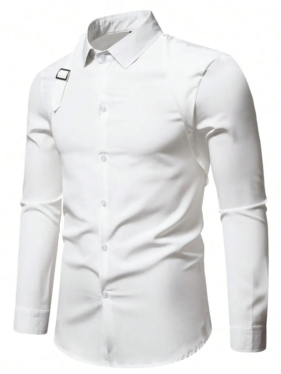 Chemise à manches longues boutonnée pour homme, couleur blanche unie, style décontracté et professio