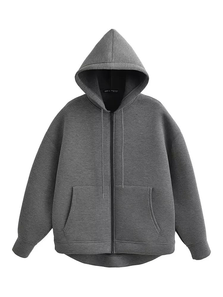 HH automne femmes gris veste avec capuche à manches longues grande poche veste à glissière manteau f