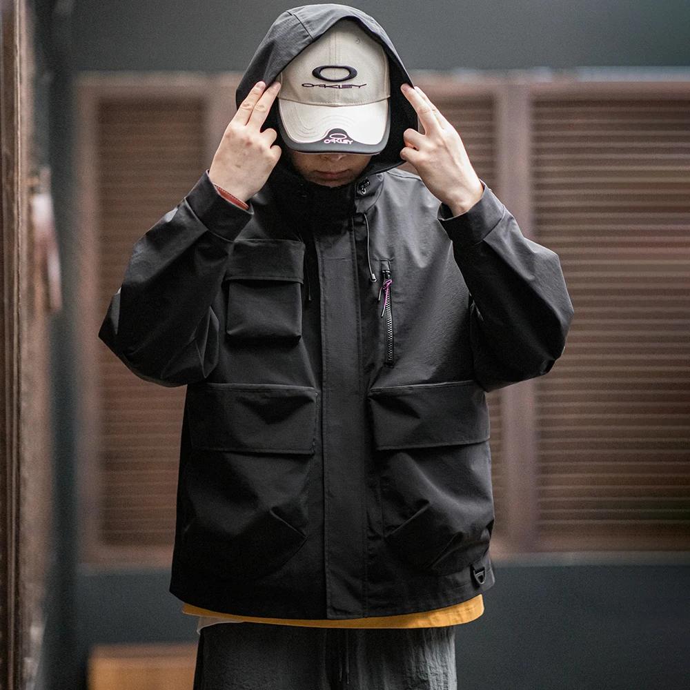 Maden-Veste à capuche multipoches pour homme, manteau de sport de plein air, veste polyvalente, noir
