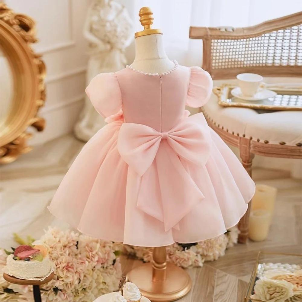 Robe de Rhen tulle rose à manches bouffantes pour filles, robes de princesse à fleurs 3D mignonnes,