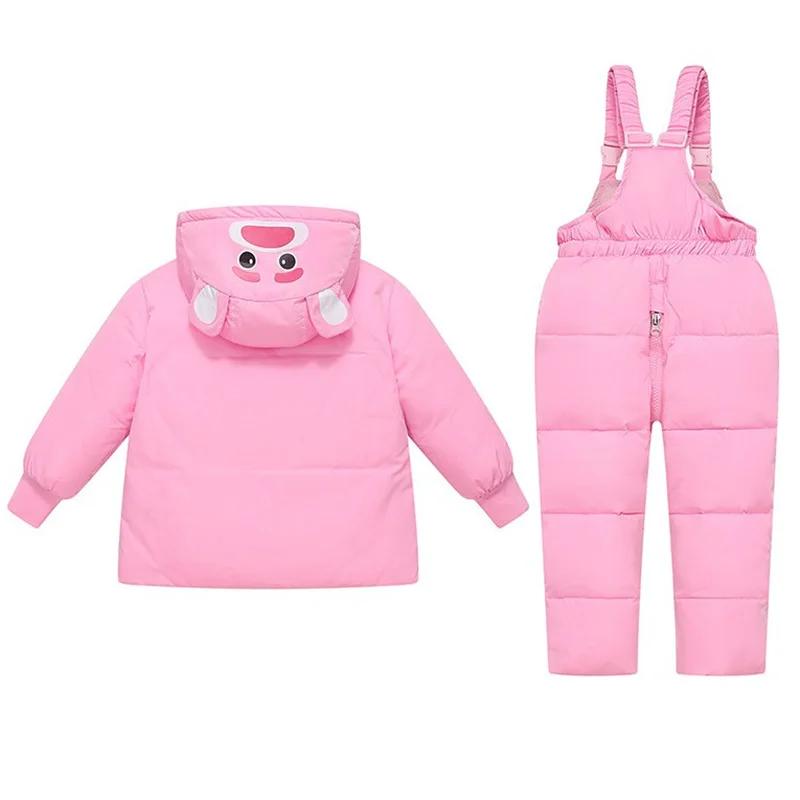 Doudoune à capuche ours dessin animé pour enfants, ensemble de vêtements pour filles, salopette pour