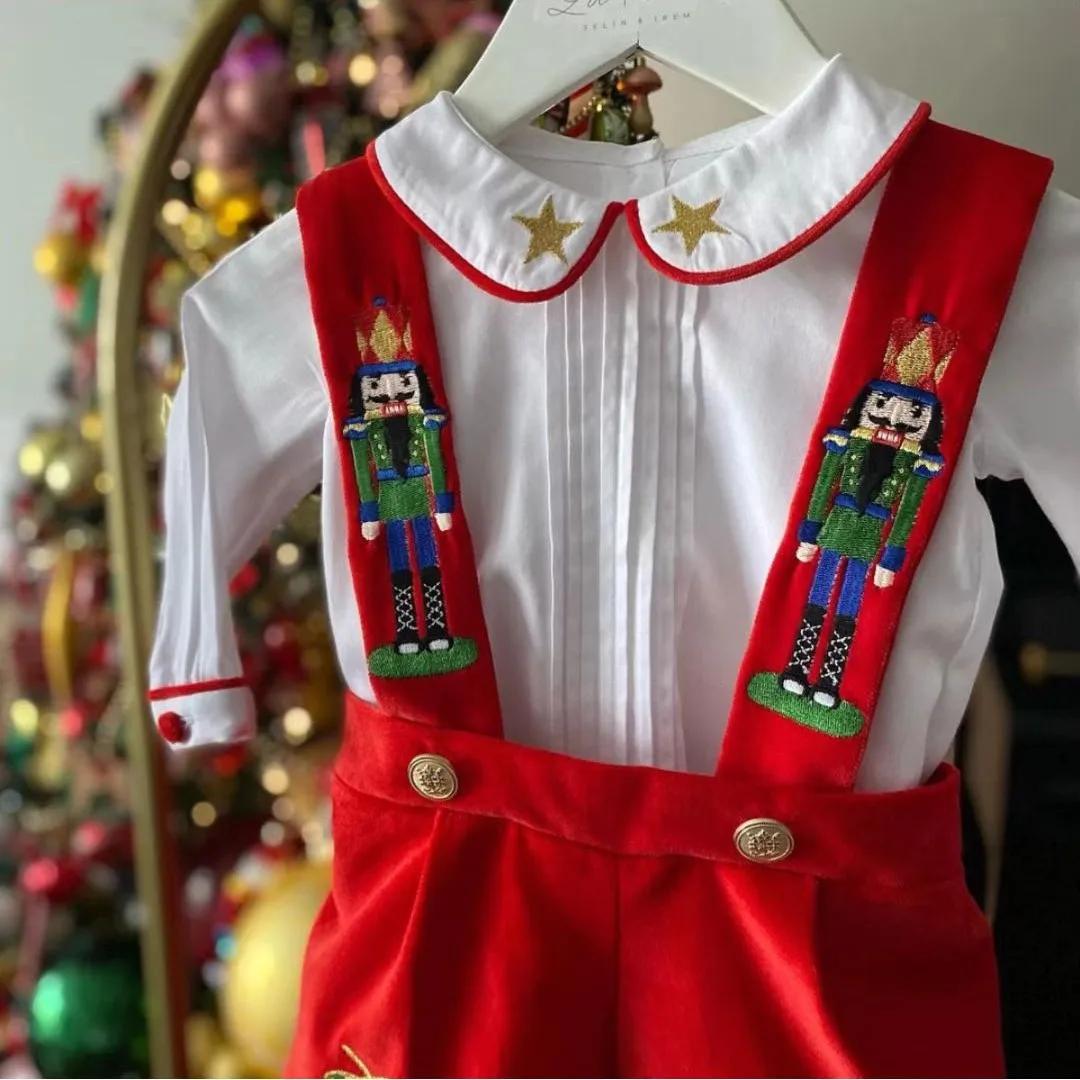 Ensemble bébé garçon 0-6 ans automne hiver rouge bleu velours casse-noisette broderie Vintage pour E