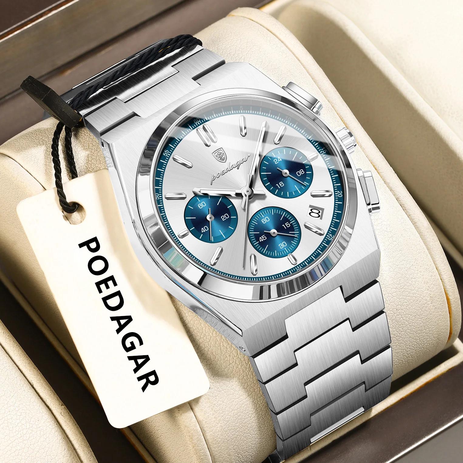 POEDAGAR montre de luxe homme chronographe Date acier inoxydable Sport hommes montre-bracelet étanch