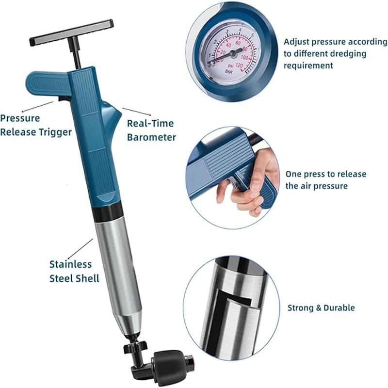 Puissant piston de toilette en acier inoxydable, déboucheur de tuyaux, pneumatique, haute pression,