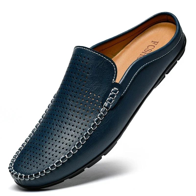 Demi-chaussures d'été pour hommes, Mules en cuir perforé, pantoufles décontractées à enfiler, mocass