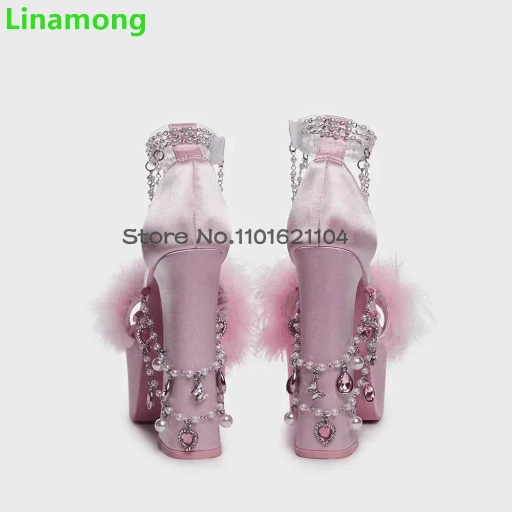 Sandales en cristal de fourrure rose pour femmes, design de luxe, talon carré, plate-forme, mode élé