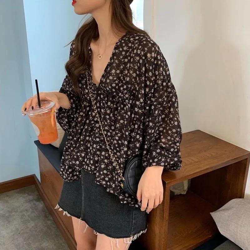 Col en v en mousseline de soie chemise femmes doux hauts Blouse 2025 printemps coréen imprimé fleuri