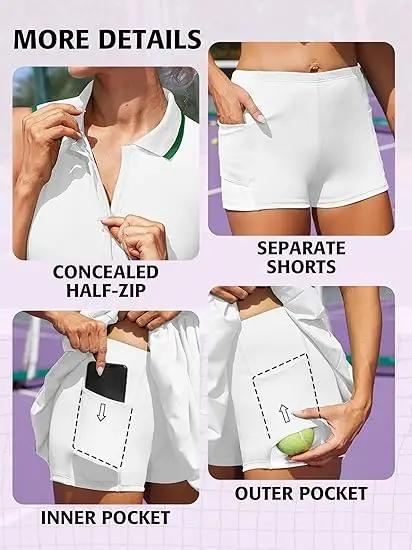 Anfilia Robe de tennis pour femme Polo Demi-fermeture éclair plissée avec soutien-gorge intégré Shor