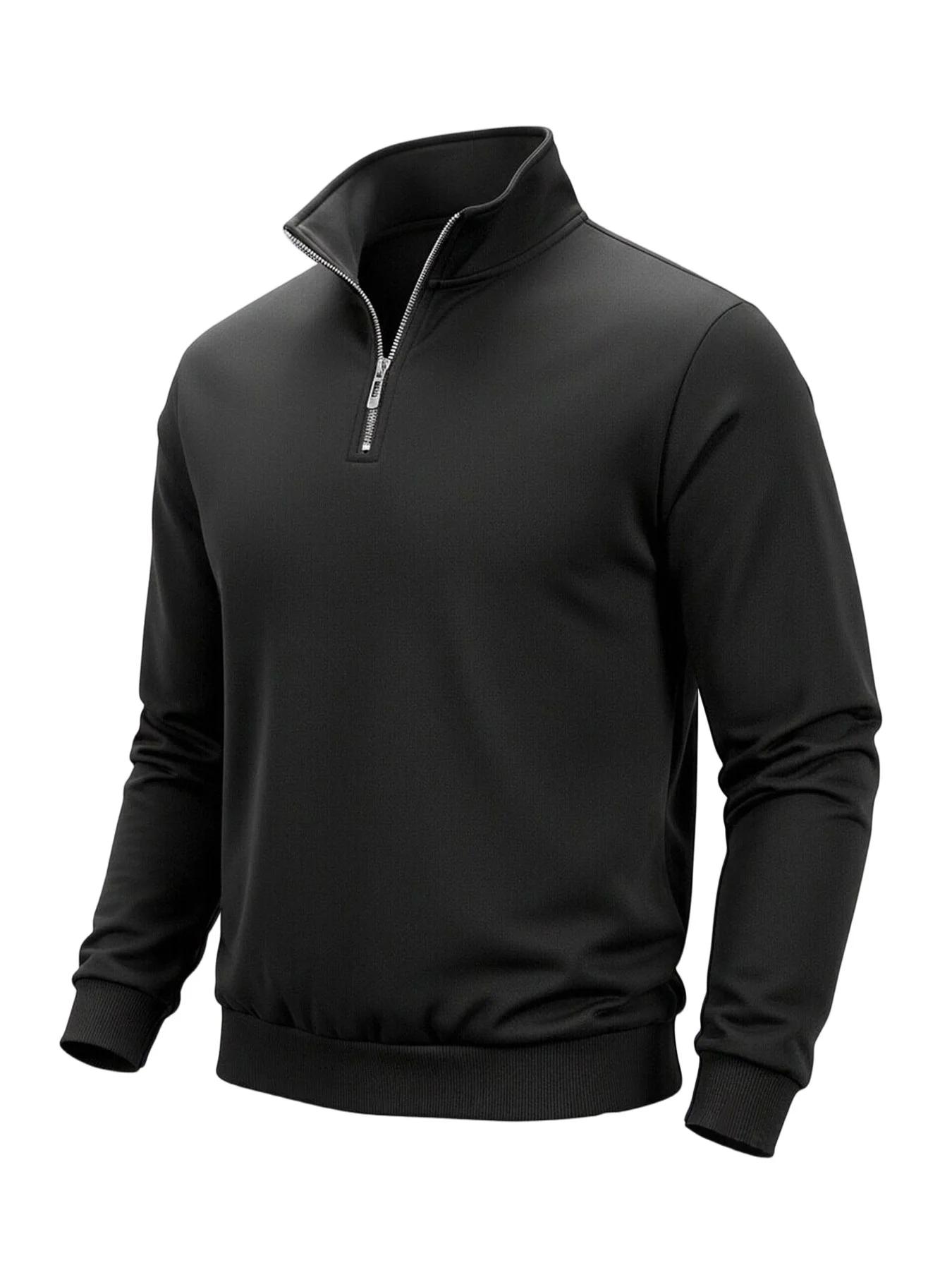 Sweat-shirt à demi-fermeture éclair pour homme, couleur unie, col roulé, pull à manches longues, pou