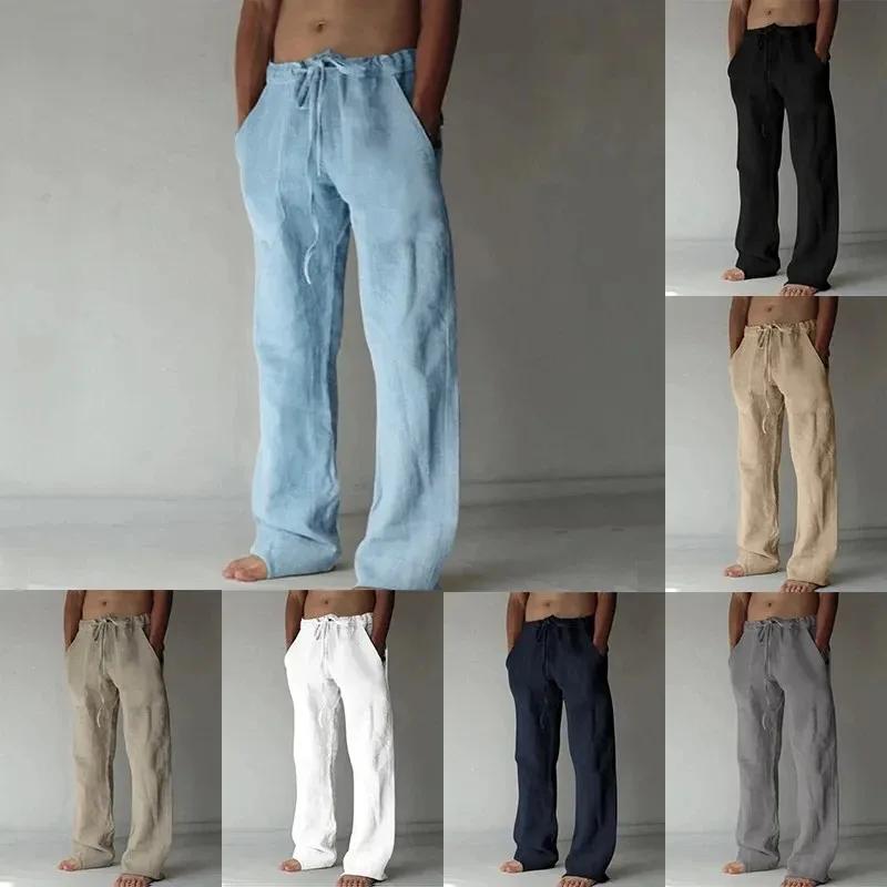Pantalon Long en coton et lin pour hommes, couleur unie, respirant, décontracté, taille élastique, H