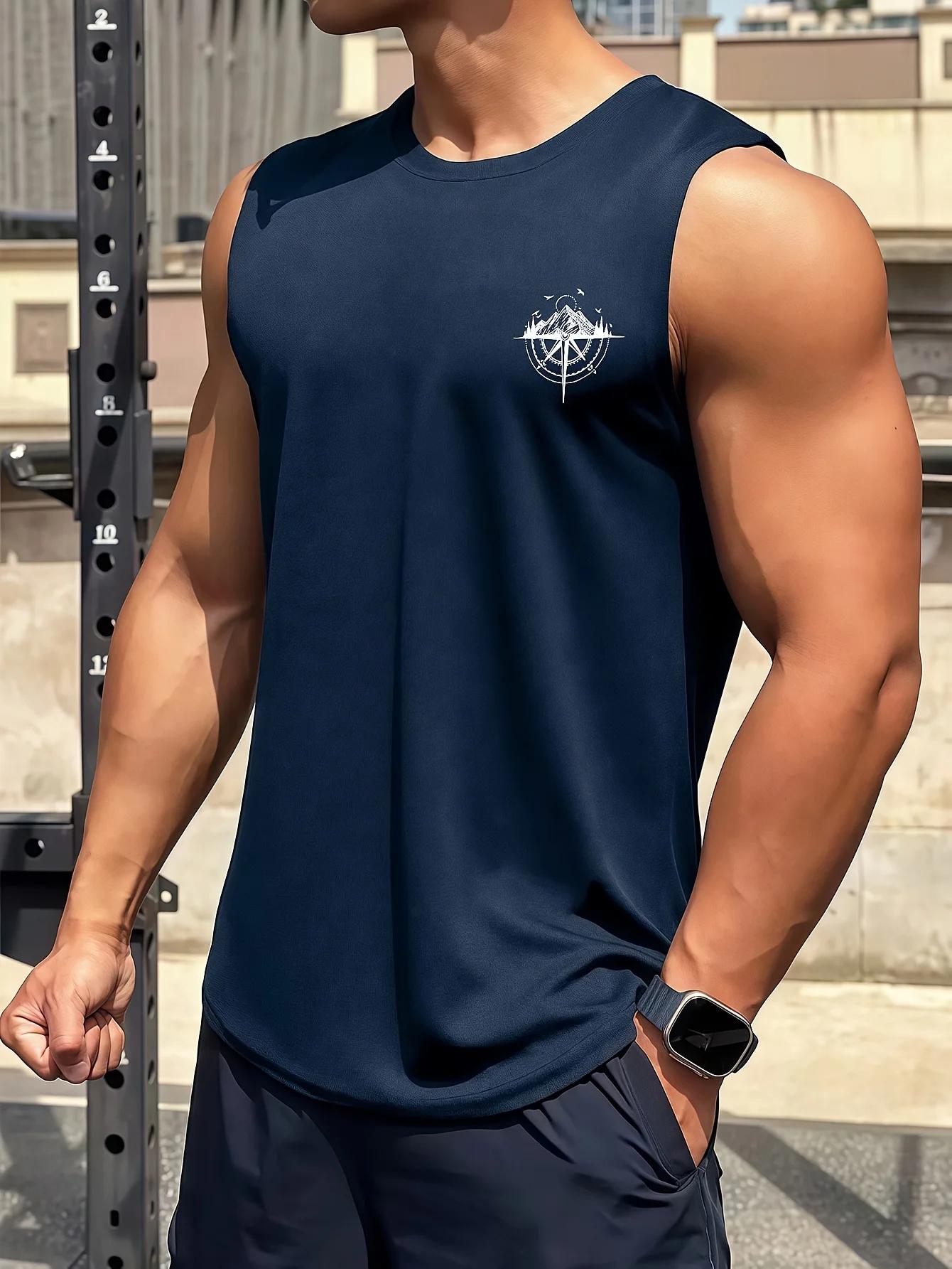 Gilet de sport décontracté à la mode pour hommes, boussole ample et motif de montagne imprimé, confo