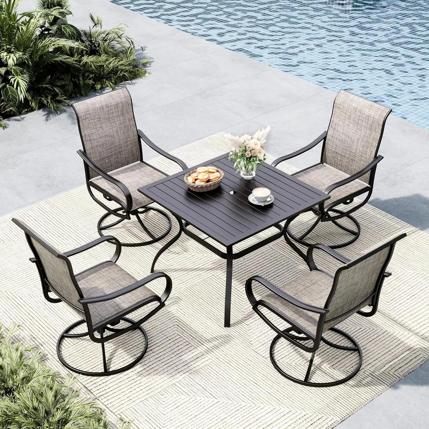 Ensemble de table et chaises de patio pour repas en extérieur, 5 pièces, avec trou pour parasol, pou