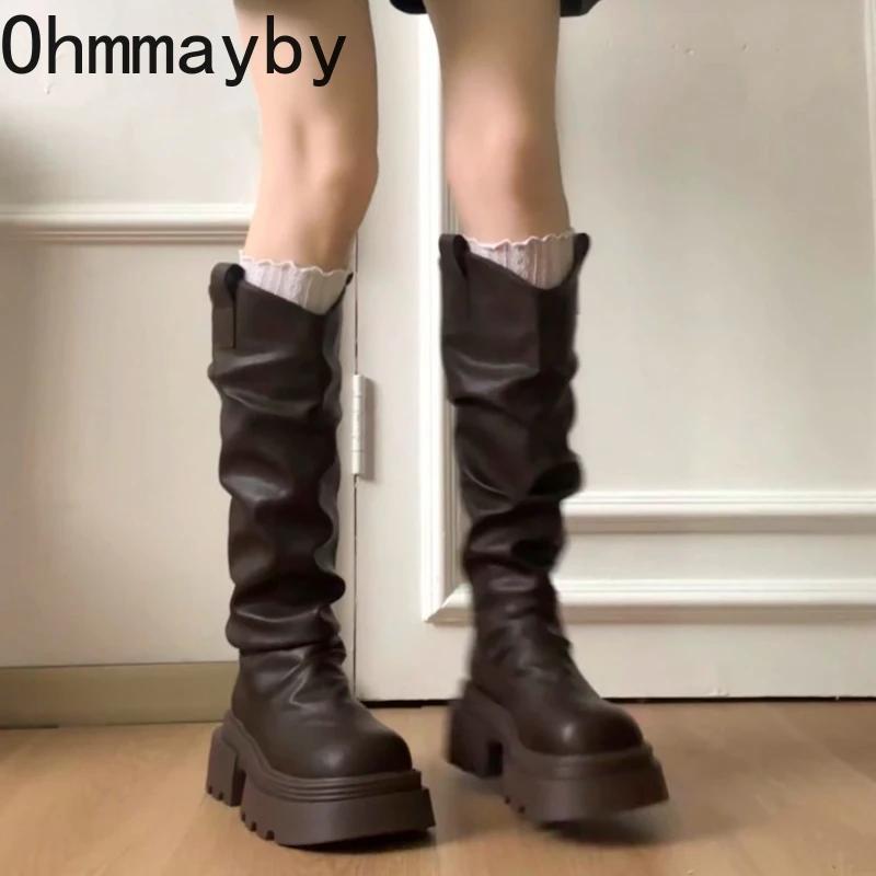 Automne hiver plate-forme fond épais femmes bottes longues mode sans lacet chaussures Vintage dames