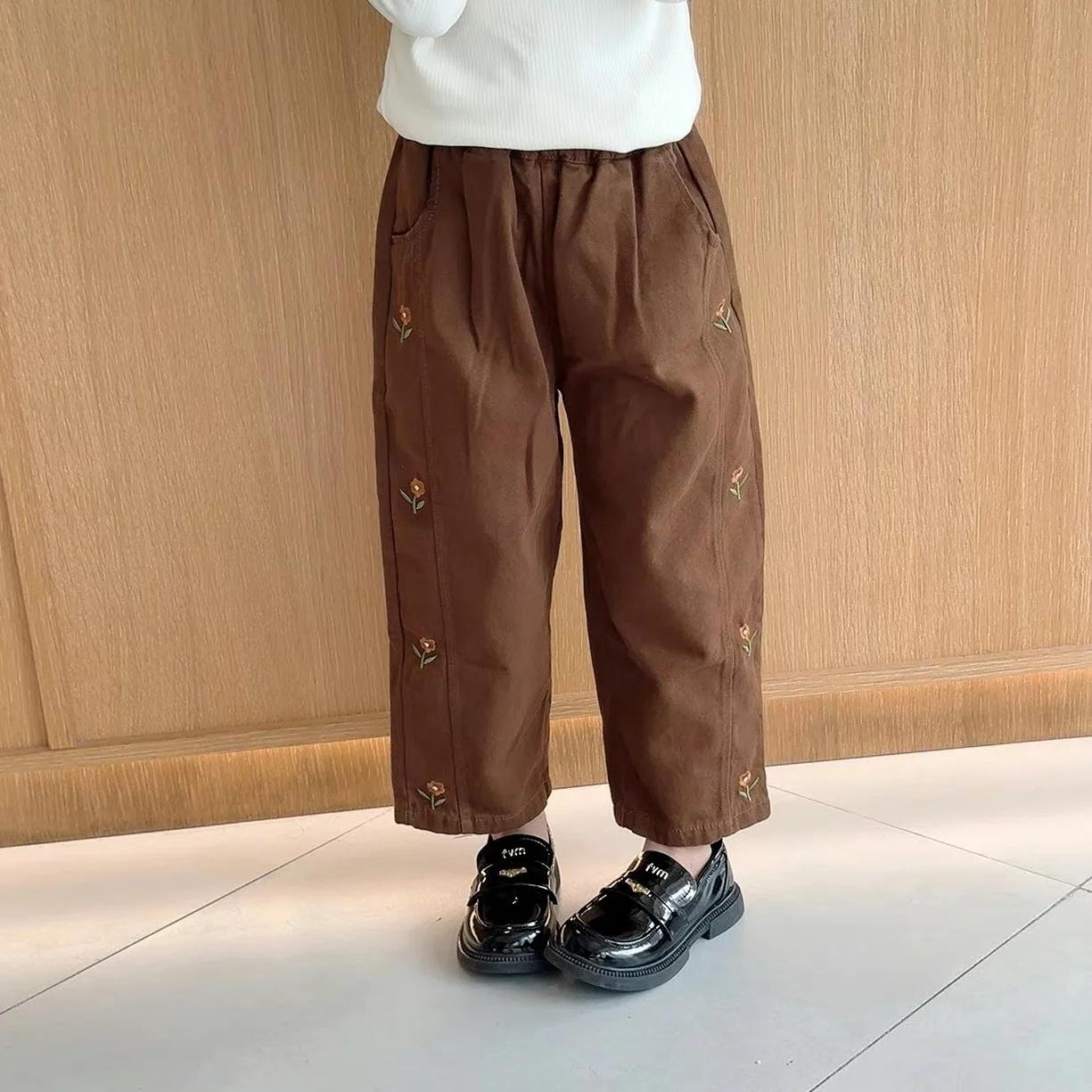 Pantalons décontractés pour enfants, 2-6T, en coton, avec broderie de fleurs, taille élastique, pour