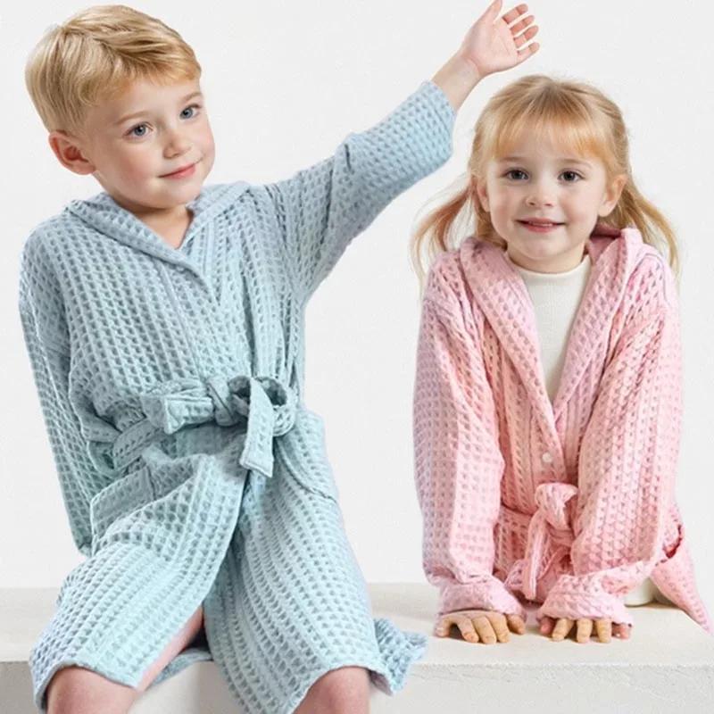 Peignoir de bain en coton pour enfants, absorbant et à séchage rapide, long, avec capuche, en tissu