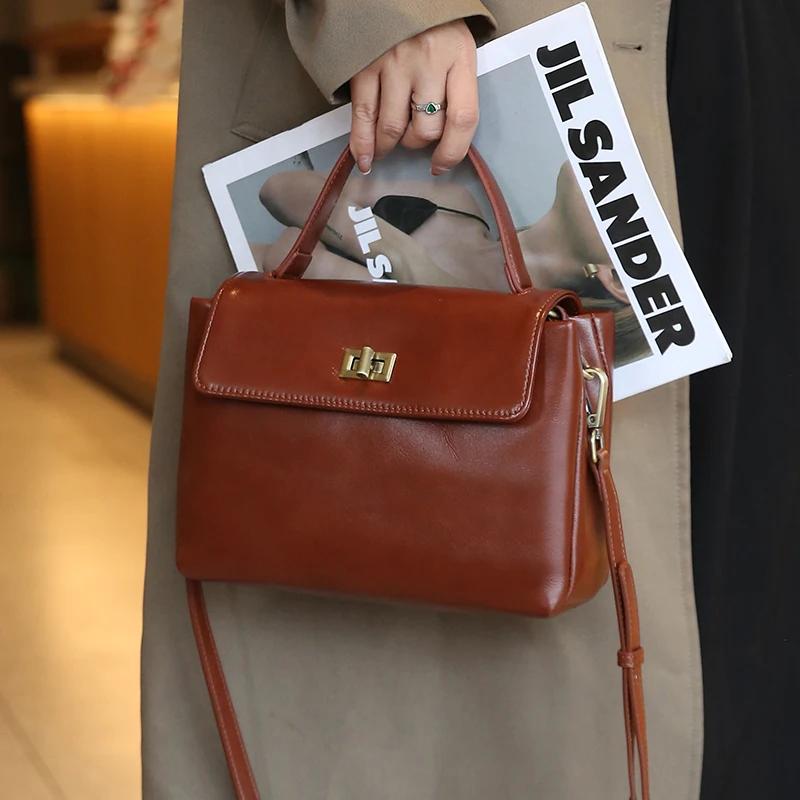 Sacs à main en cuir véritable pour femmes, marron vintage, sac à bandoulière à poignée supérieure, s
