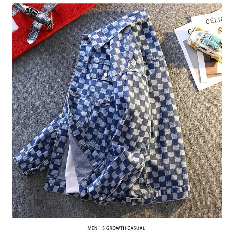 Vestes pour homme, tendance, surdimensionnées, à imprimé damier, en denim, style streetwear décontra