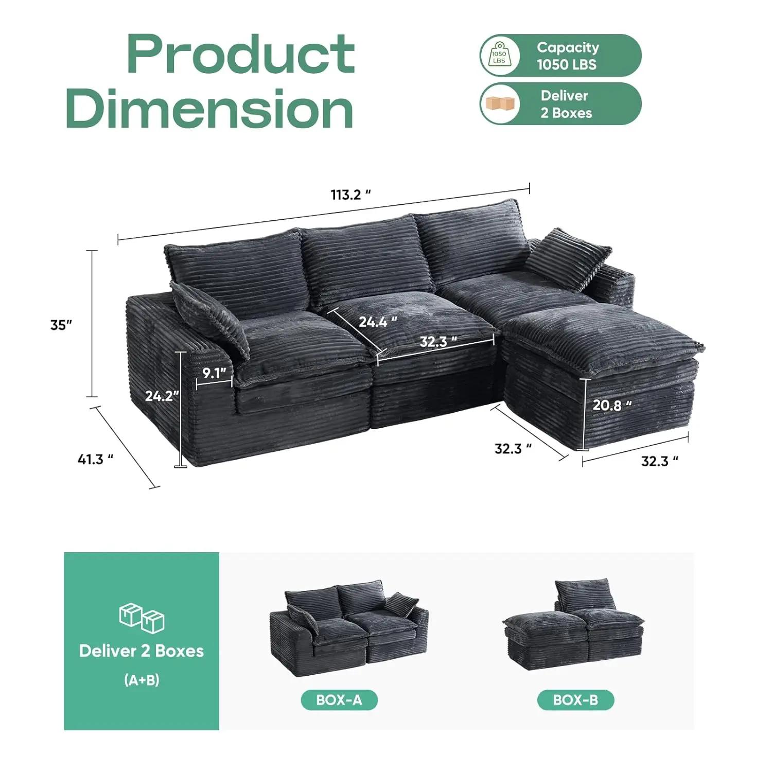 Canapé modulaire sectionnel de 113 pouces, canapé nuage en L surdimensionné avec assise profonde, ca