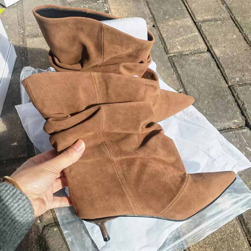 Aneikeh hiver Style De rue bout pointu bottines Femmes plissé bottes courtes Femme rétro concepteur