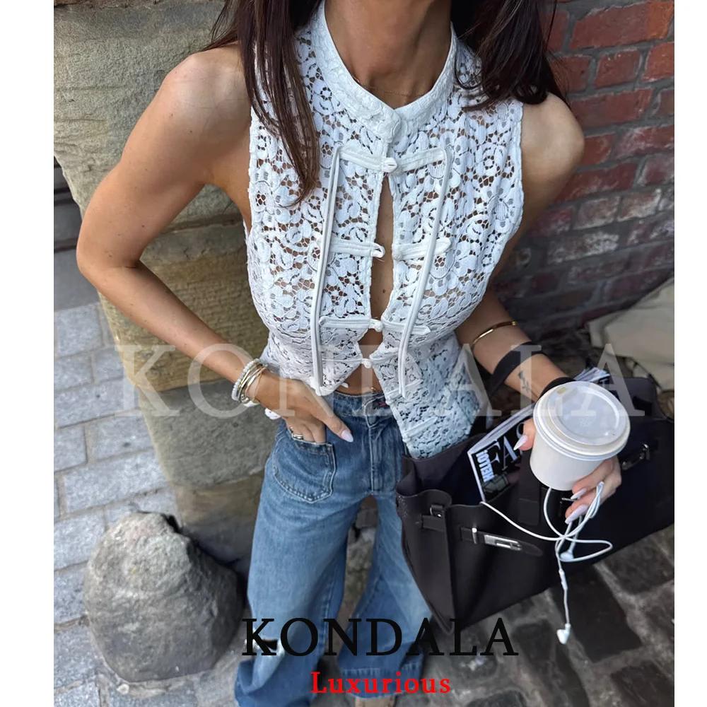 KONDALA Hauts sexy et chics en dentelle blanche avec nœud pour femme, col rond, sans manches, coupe