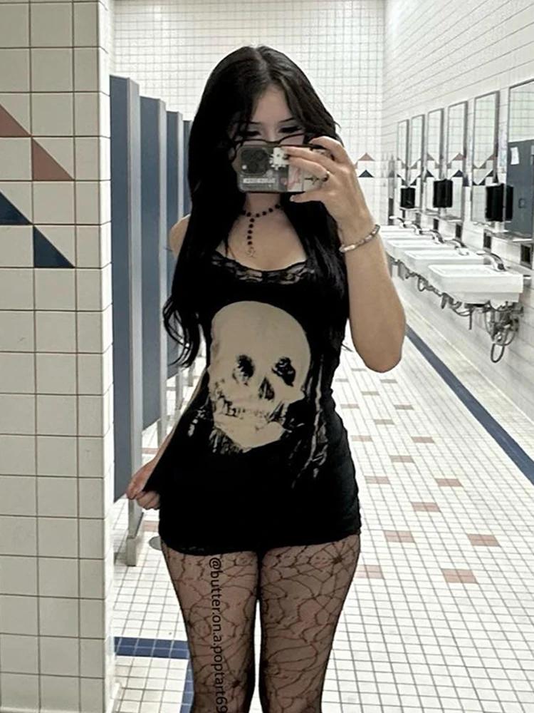 AltGoth Cyber Punk robe gothique femmes Streetwear Harajuku crâne imprimé sans manches taille haute