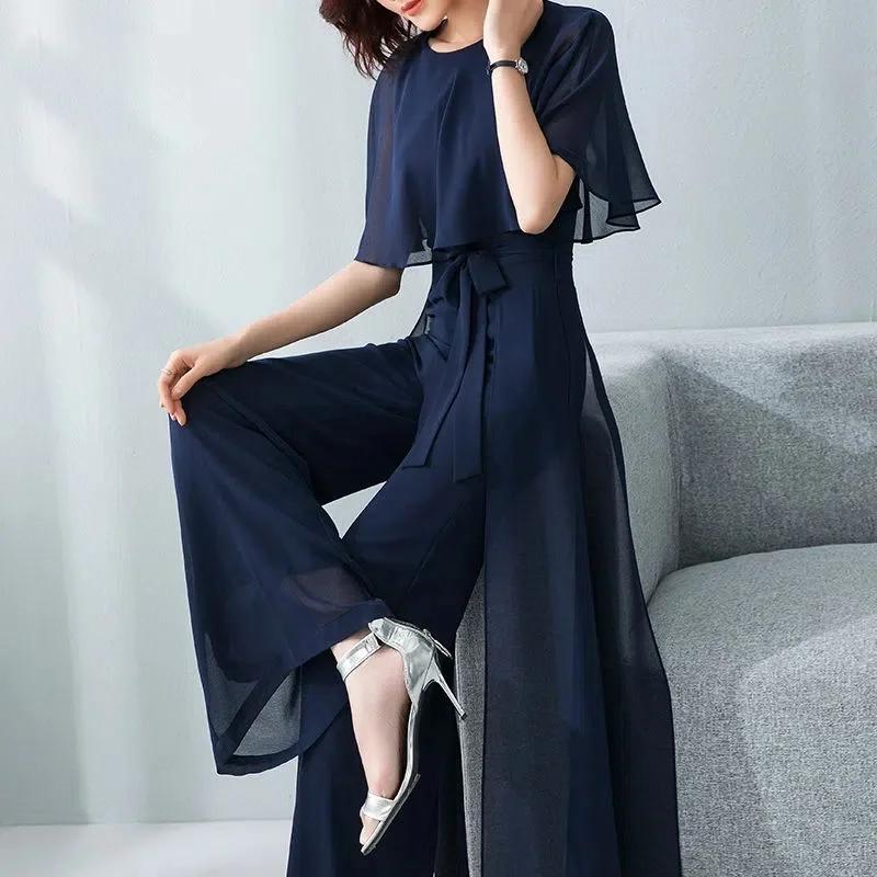 Combinaison longue en mousseline de soie pour femmes, manches feuille de Lotus, ensemble à jambes la