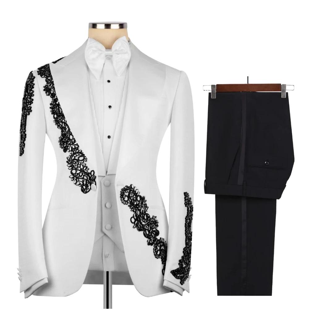 Costume de Mariage Formel Perlé pour Homme – 3 Pièces Slim Fit avec Veste à Revers Châle, Pantalon e
