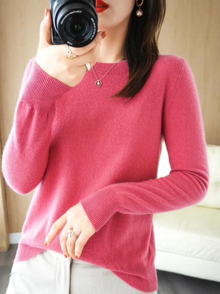 Pull en laine à manches longues et col rond pour femmes, pull basique, tricots en laine mérinos, sty