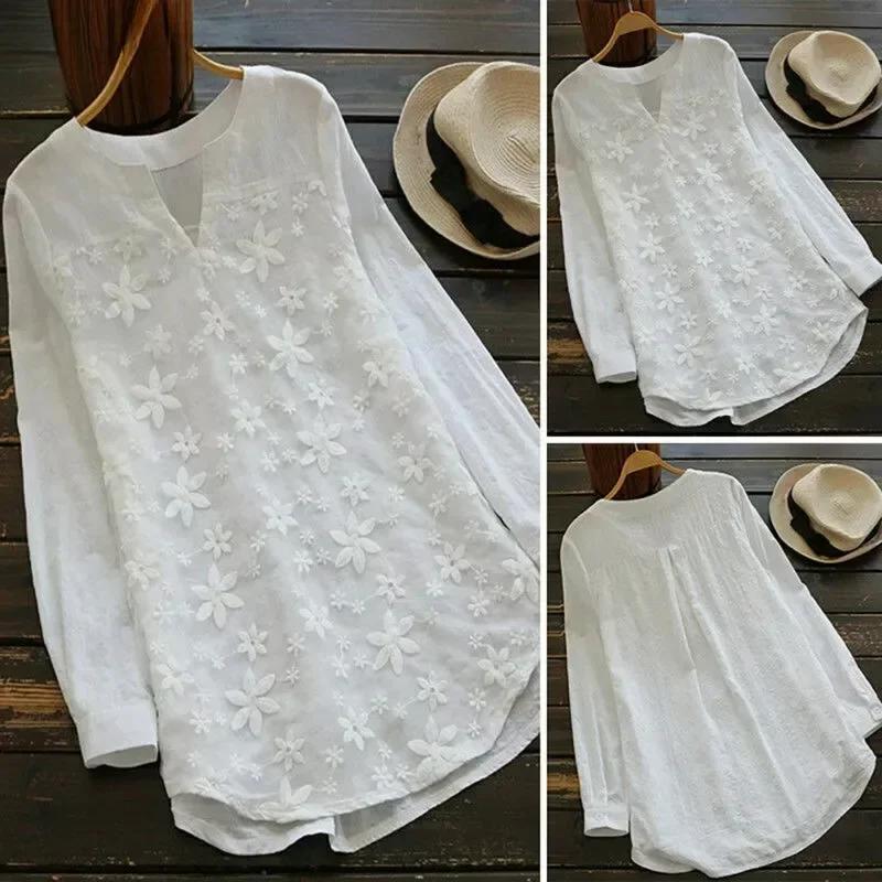 Chemisier en coton et lin brodé pour femmes, décontracté, mode, ample, blanc, chemise élégante, gran