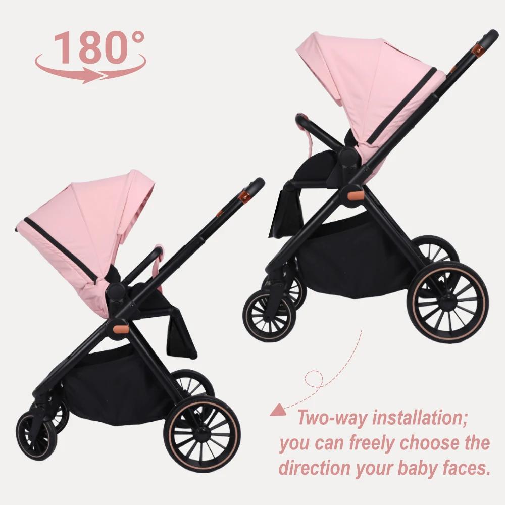 Poussette multifonctionnelle rose pour bébé, système de voyage, cadre léger pliable gris avec siège