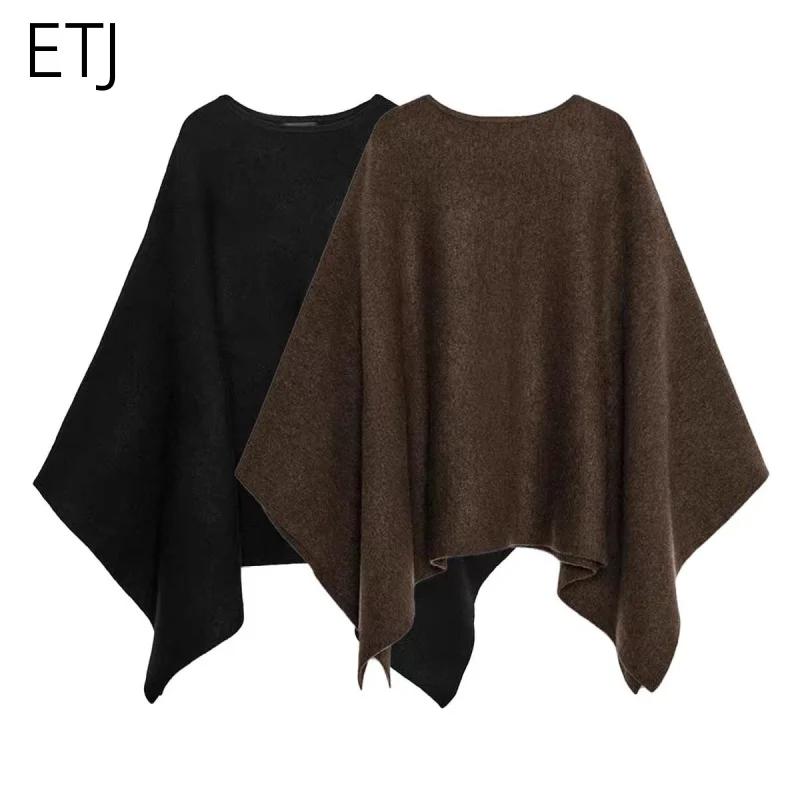 ETJ 2025 nouvelle mode femme surdimensionné version ample du col rond cape pull couleur unie manches