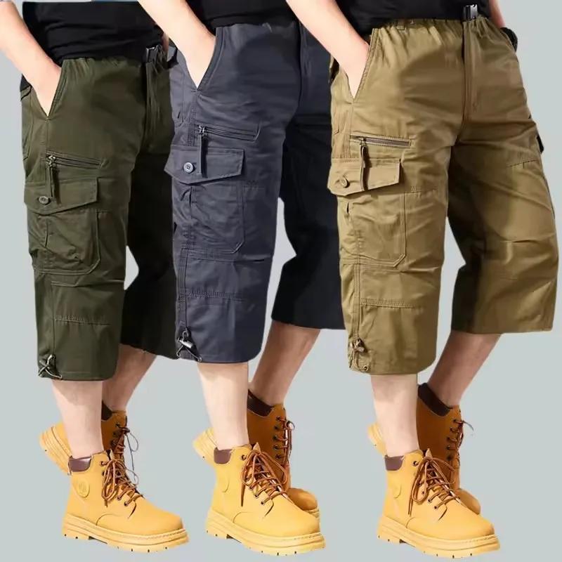 Shorts Cargo d'été pour Hommes, Longueur Genou, Décontractés, Taille Élastique, en Coton, Multi-Poch