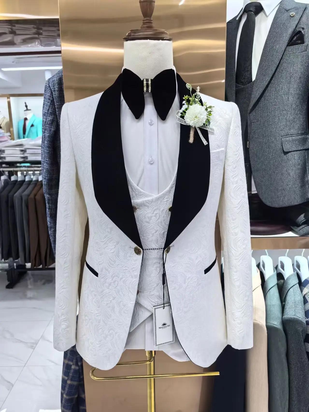 Costumes de mariage Thorndike pour hommes, jacquard blanc avec col en satin noir, smoking 3 pièces,