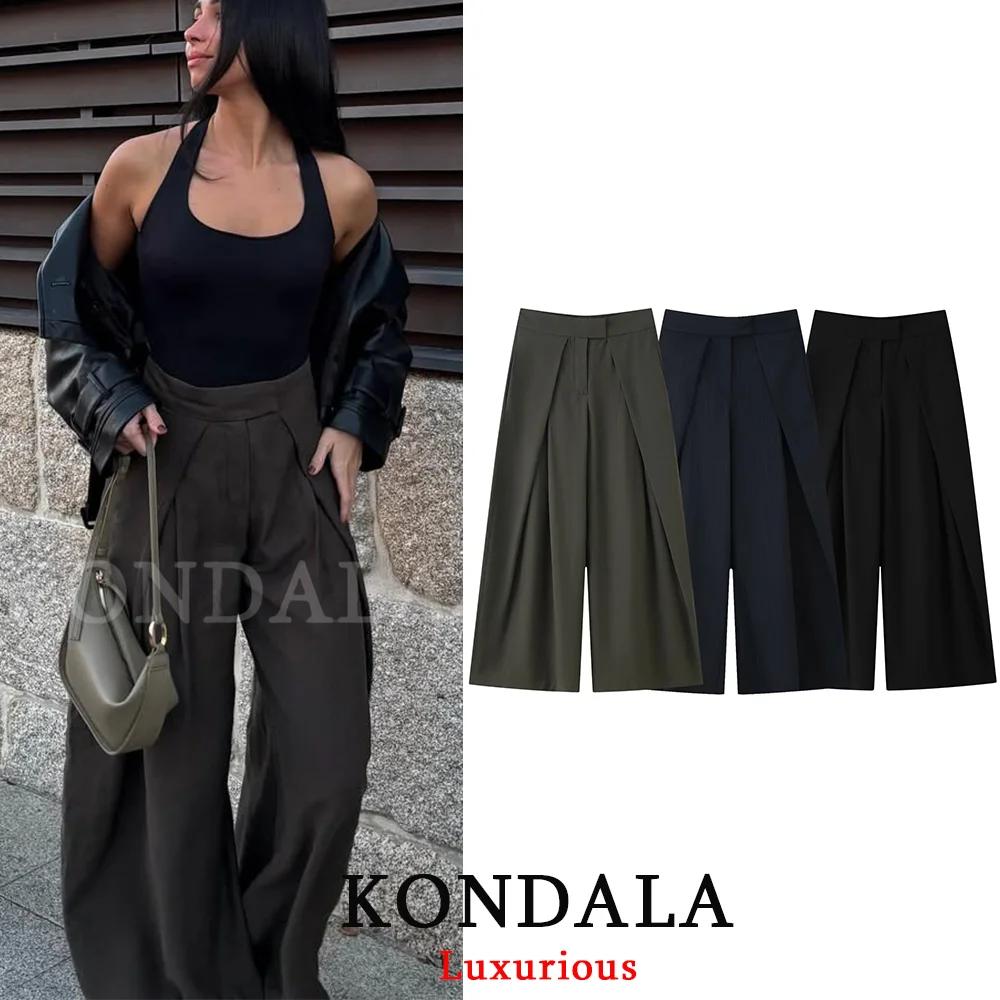 KONDALA décontracté Chic pantalon à jambes larges femmes bureau dame poches plissé pantalons longs m