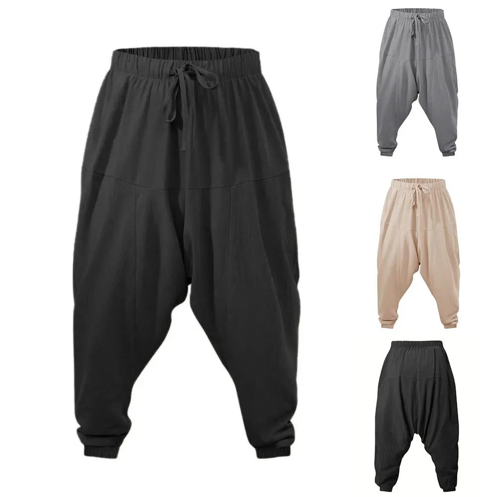 Sarouel pour hommes coton lin entrejambe bas confortable Streetwear coupe ample respirant léger pant