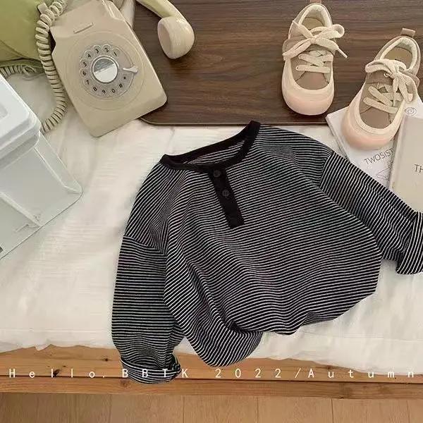 T-shirt à manches longues pour enfants, chemise à rayures coréennes pour garçons et filles, haut Sim