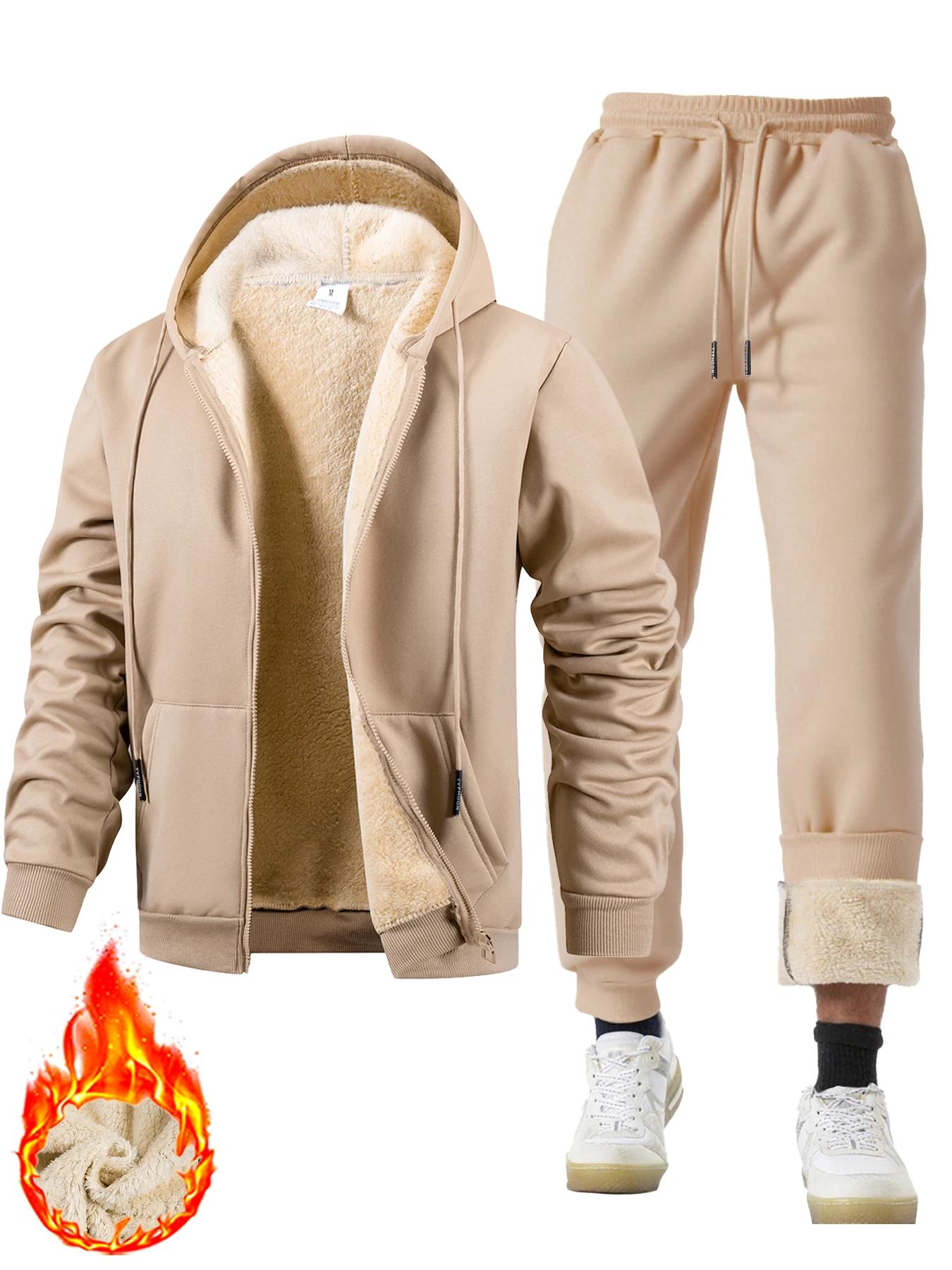 Costume deux pièces pour hommes, survêtement en peluche épais, veste de sport chaude + pantalon, com