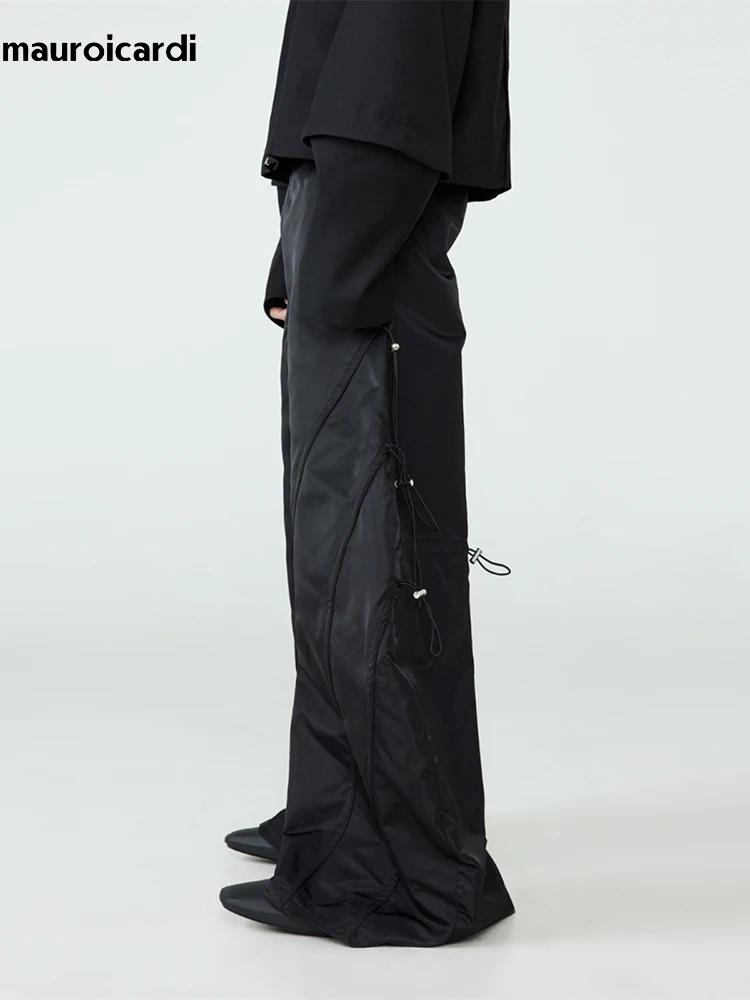 Mauroicardi-Pantalon Baggy Noir à Jambes Larges pour Homme, Taille artificiel astique, Long, Décontr