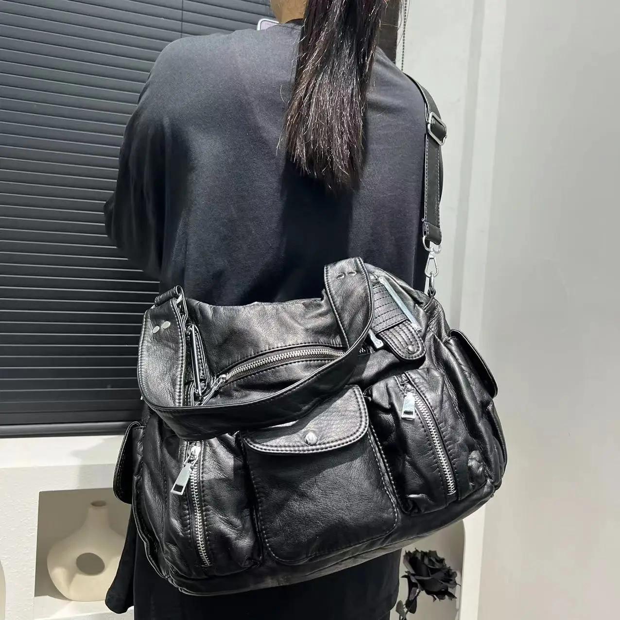 Sac de moto Y2K pour femmes, sac à bandoulière multi-poches à motif de vieille litchi