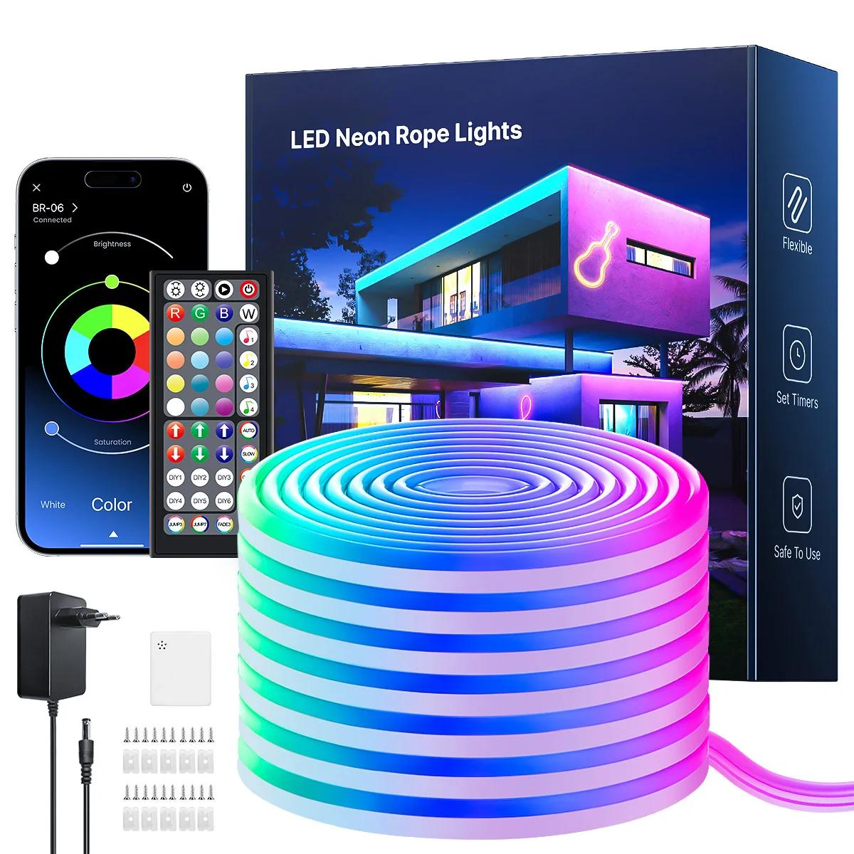 Bande lumineuse néon Flexible RGB avec application/télécommande, plusieurs Modes, synchronisation de
