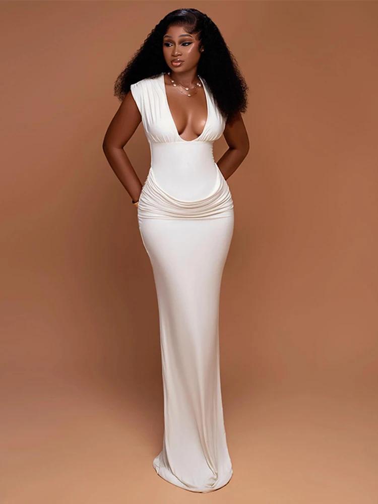 Sexy froncé moulante robe Maxi femmes solide sans manches col en v mince longues robes femme soirée