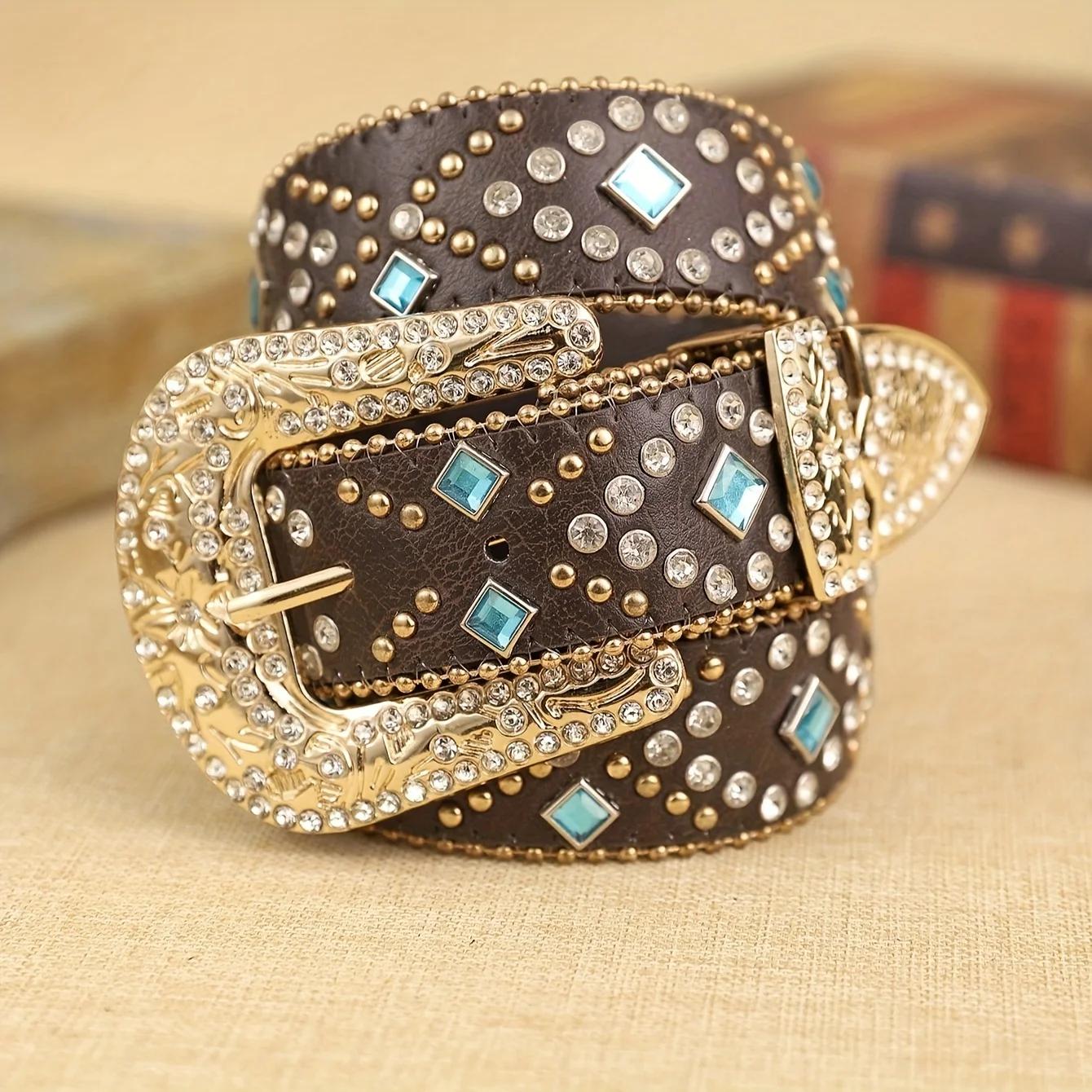 Ceinture en cuir PU marron pour femmes, 1 pièce, avec chaîne perlée bleu cobalt, ceinture en cuir de