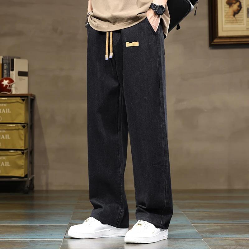 Jean ample à jambes droites pour hommes, bleu et gris, avec cordon de serrage, Streetwear décontract