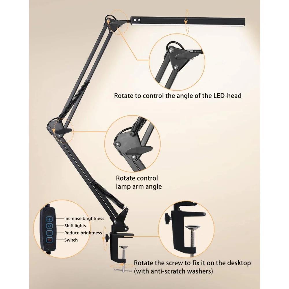 Lampe de bureau LED avec pince 10W lampe de bureau à bras oscillant lampe de bureau à intensité vari